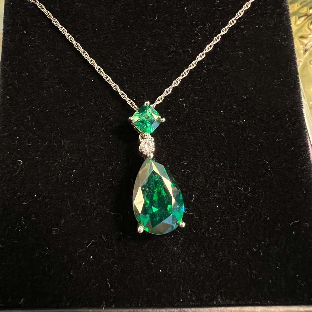 Sterling Silver and Emerald CZ Pear Pendant Necklace